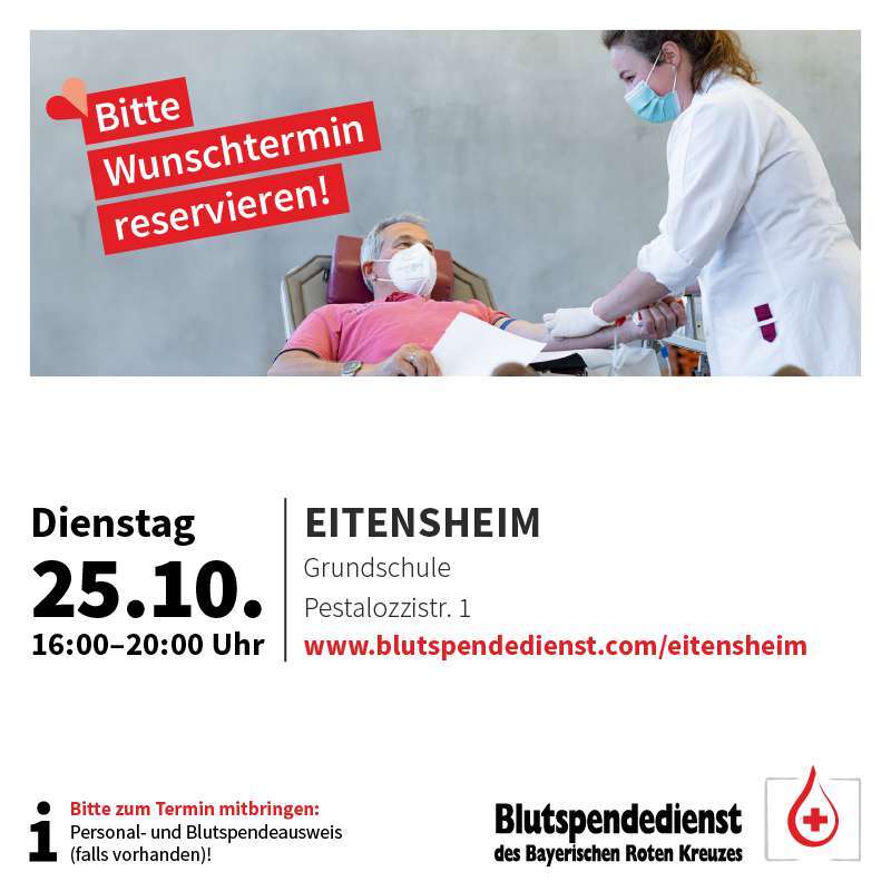 Blutspendetermin am Dienstag, 25.10.2022 von 16:00 bis 20:00 Uhr