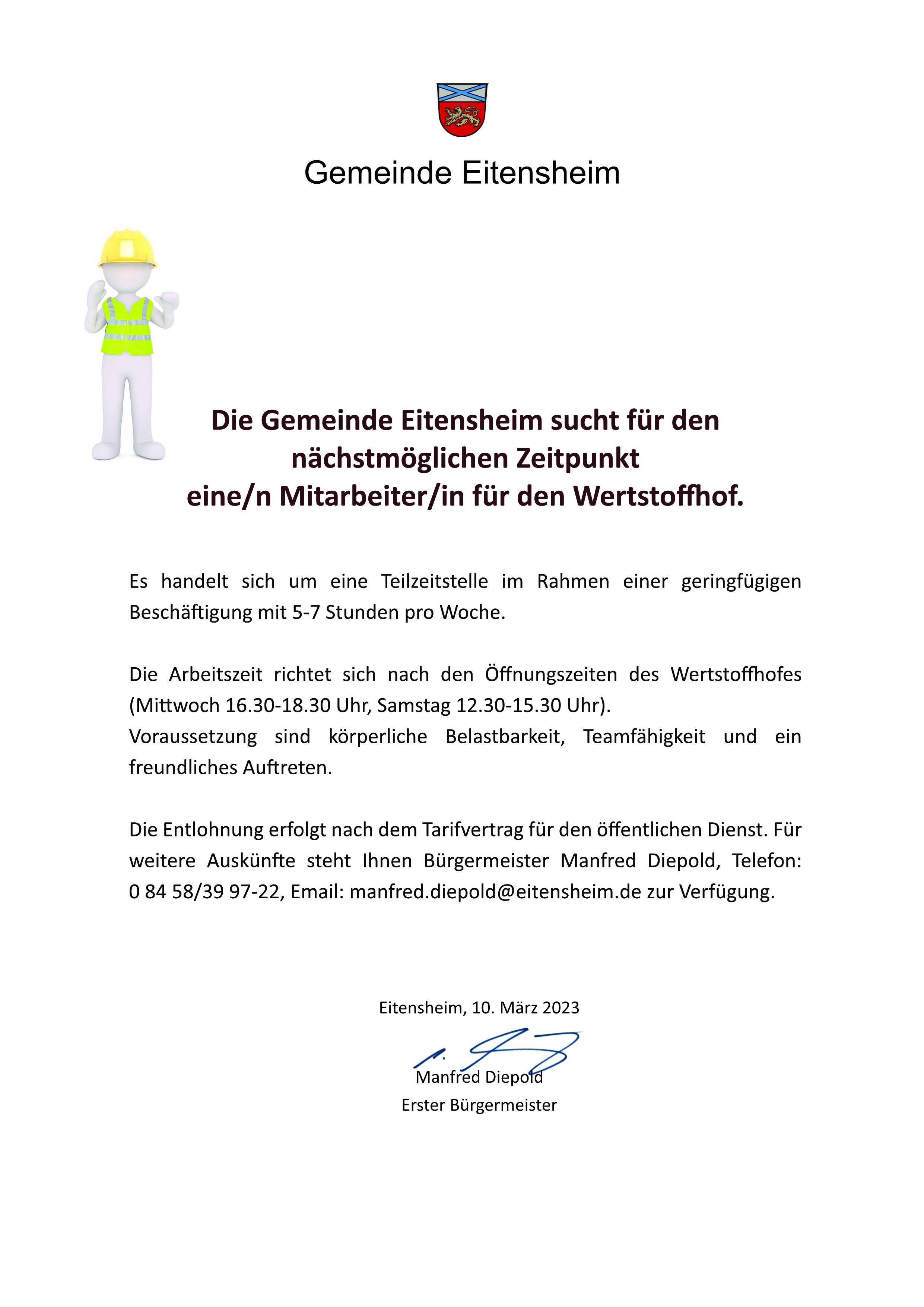 Stellenausschreibung der Gemeinde Eitensheim