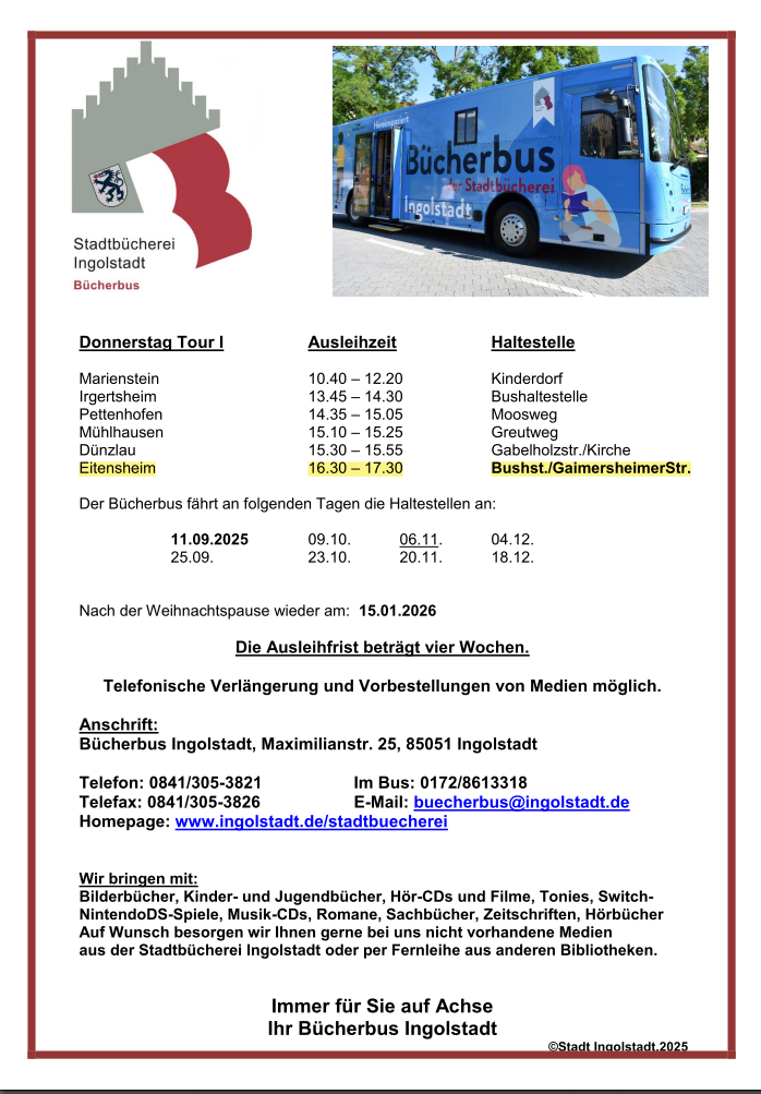 Neuer Fahrplan für die Bücherbus-Tour 