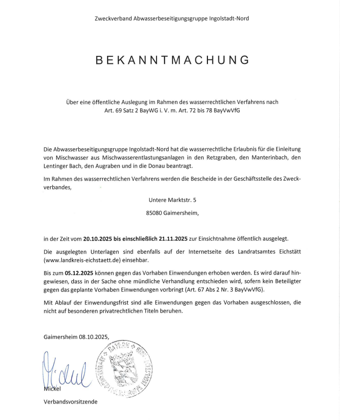 Bekanntmachung über eine öffentliche Auslegung im Rahmen des wasserrec