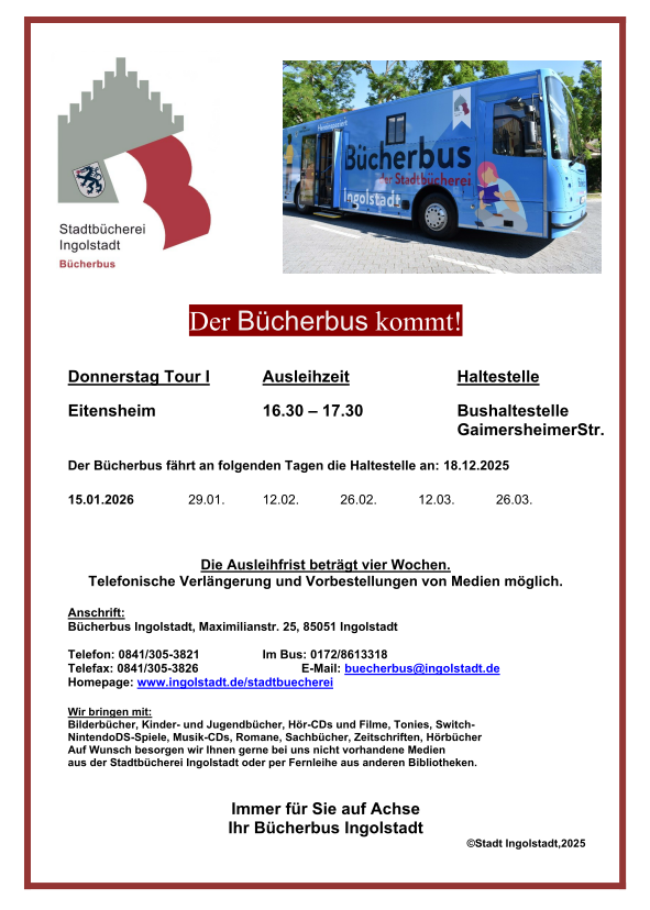 Fahrplan für die Bücherbus-Tour ab Januar 2026