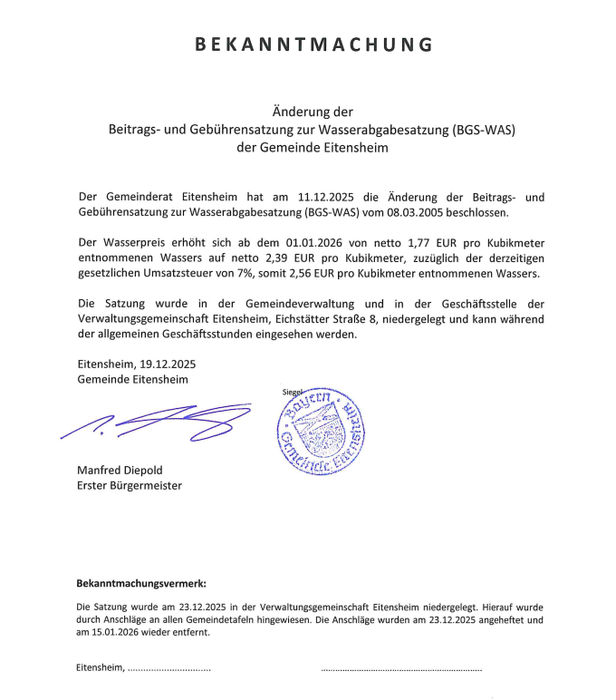 Bekanntmachung Änderung der Beitrags- und Gebührensatzung Wasser