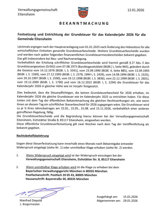 Bekanntmachung Festsetzung und Entrichtung der Grundsteuer für das Kal