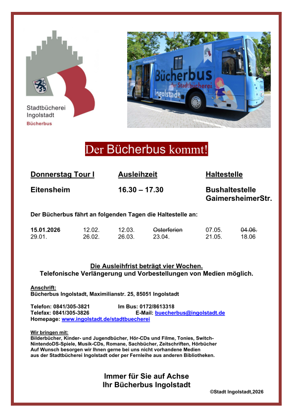 Fahrplan für die Bücherbus-Tour 1. Halbjahr 2026