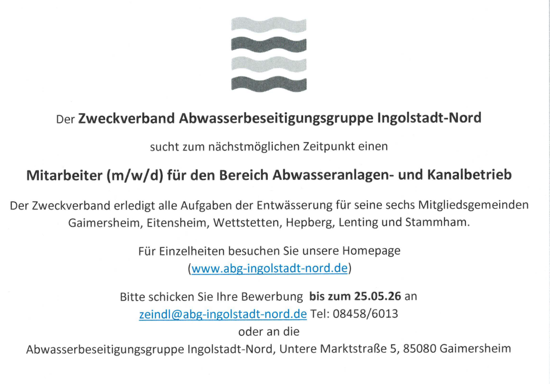 Stellenausschreibung Zweckverband Abwasserbeseitigungsgruppe Ingolstad