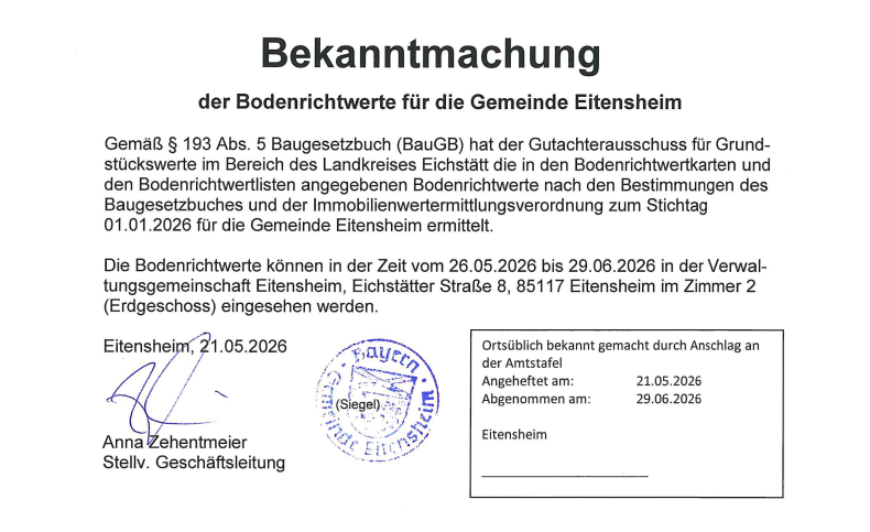 Bekanntmachung der Bodenrichtwerte für die Gemeinde Eitensheim